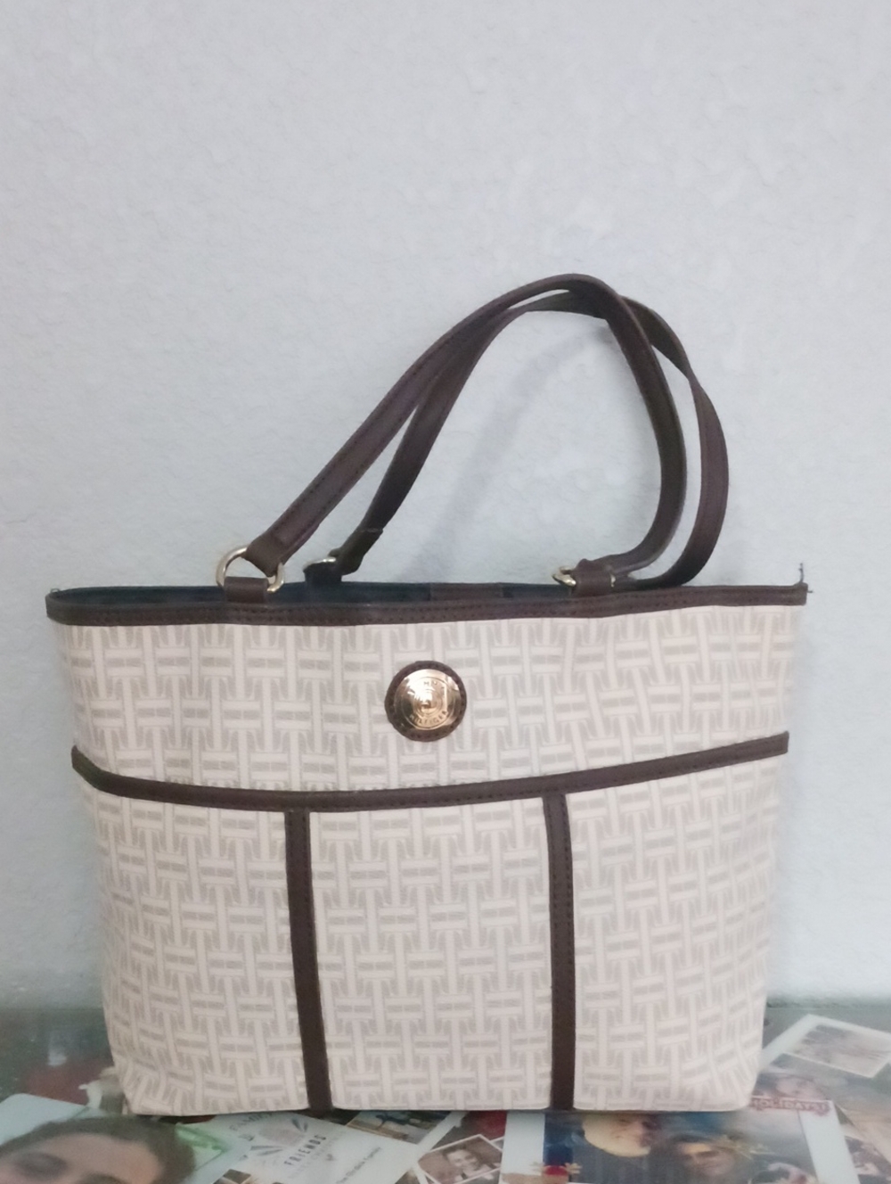 Tommy Hilfiger Cream and Brown Tote with Gold Accent